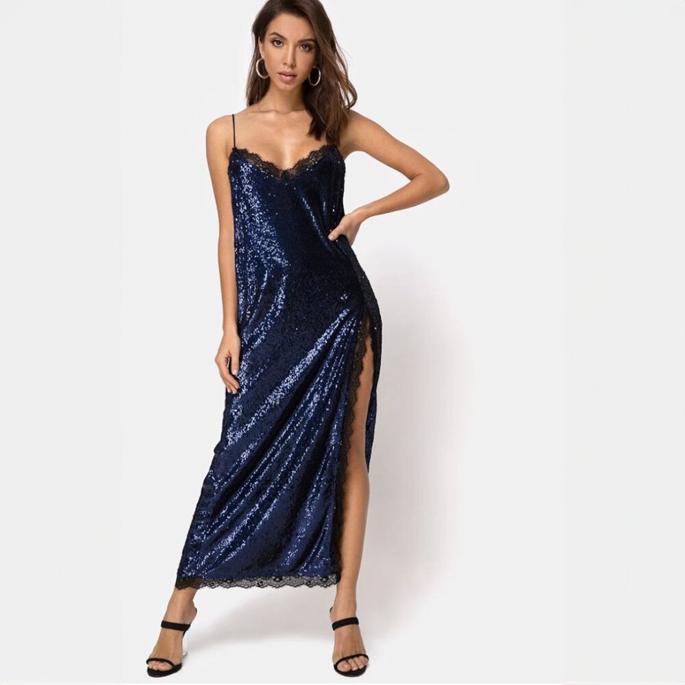 Fitilia Maxi Dress in Midnight Mini Sequin with Black Lace Size M